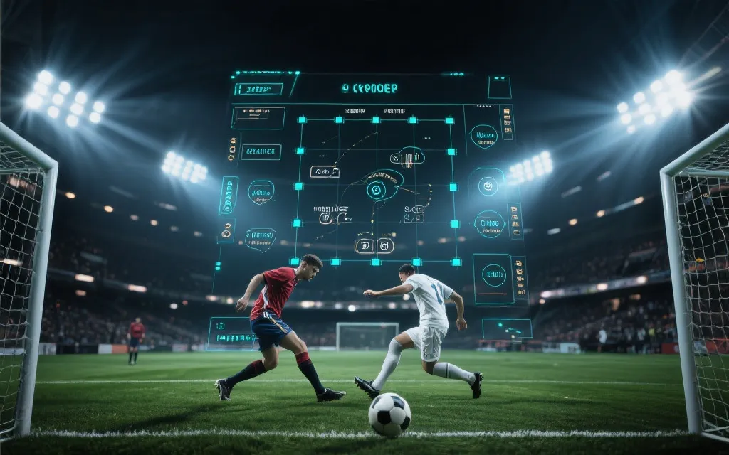 世界杯淘汰赛紧张氛围：球场灯光下的球员对抗与战术板